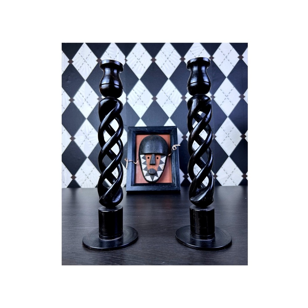 Pair Carved Wood Ebony Candlesticks Open Twist Spiral Candle Holders Black Decor